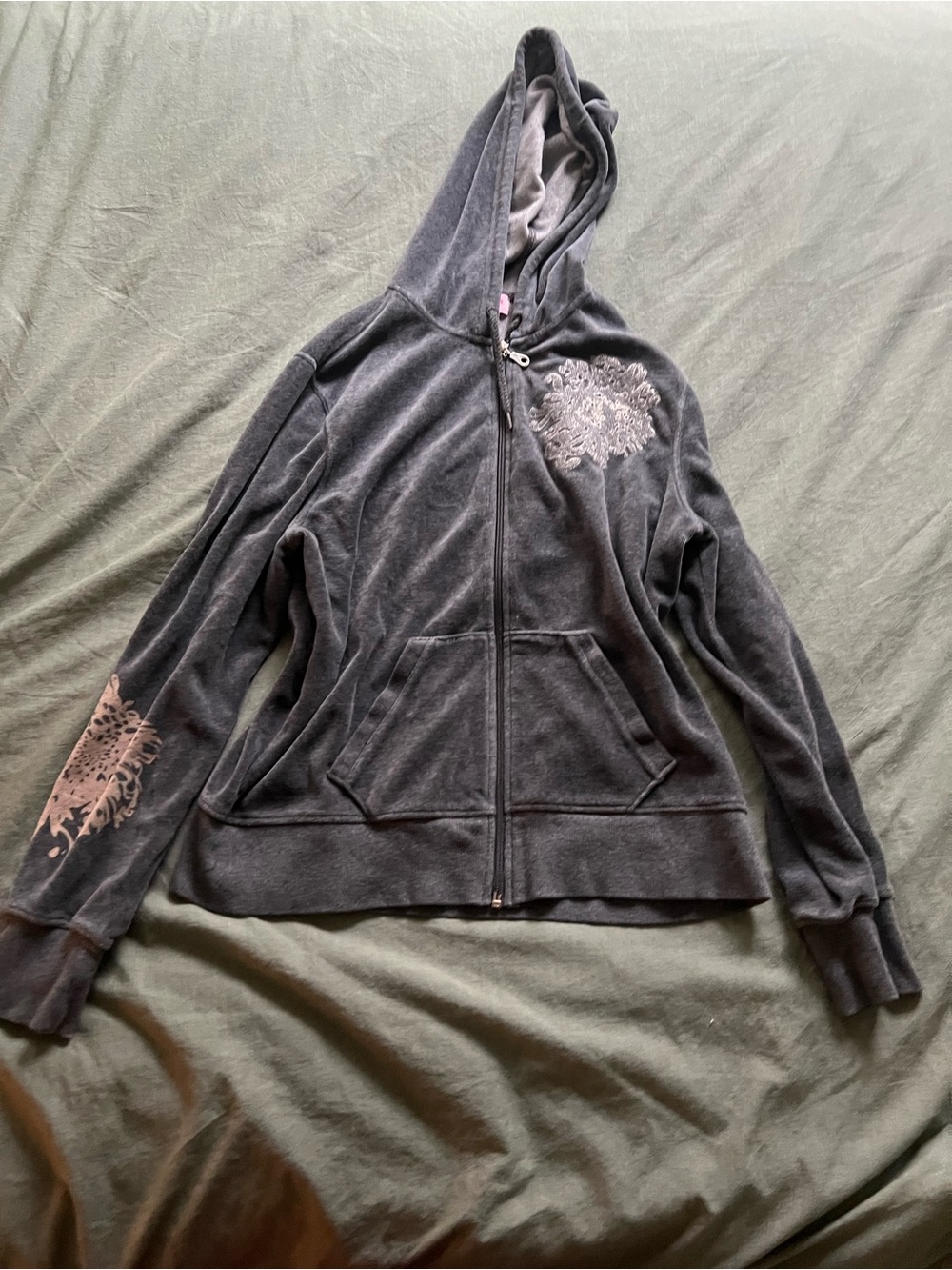 Y2K Silverwear Grey/Brown Velour Hoodie with Floral Details